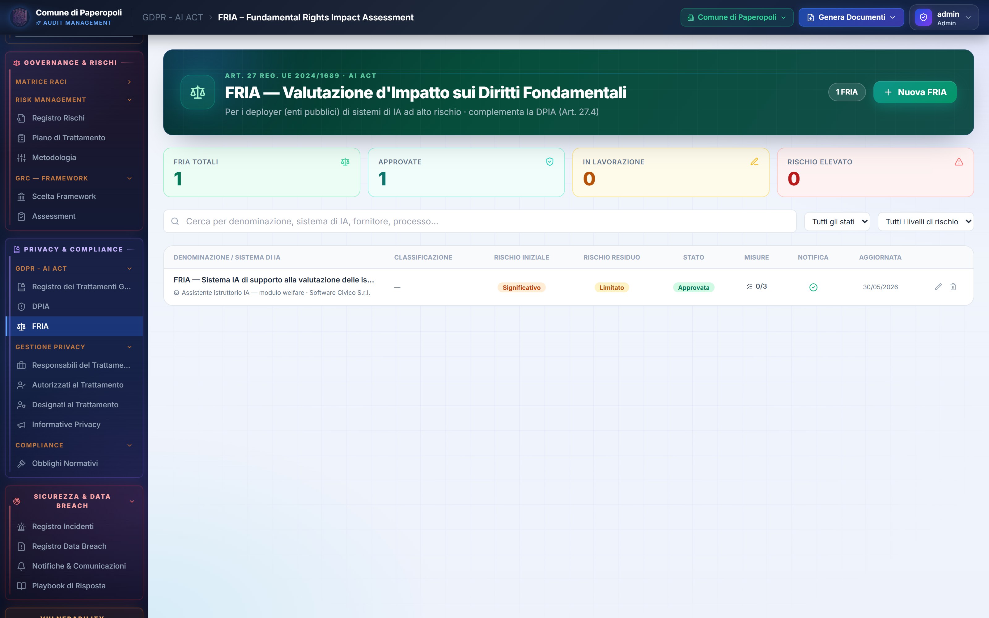 FRIA AI Act — schermata della demo