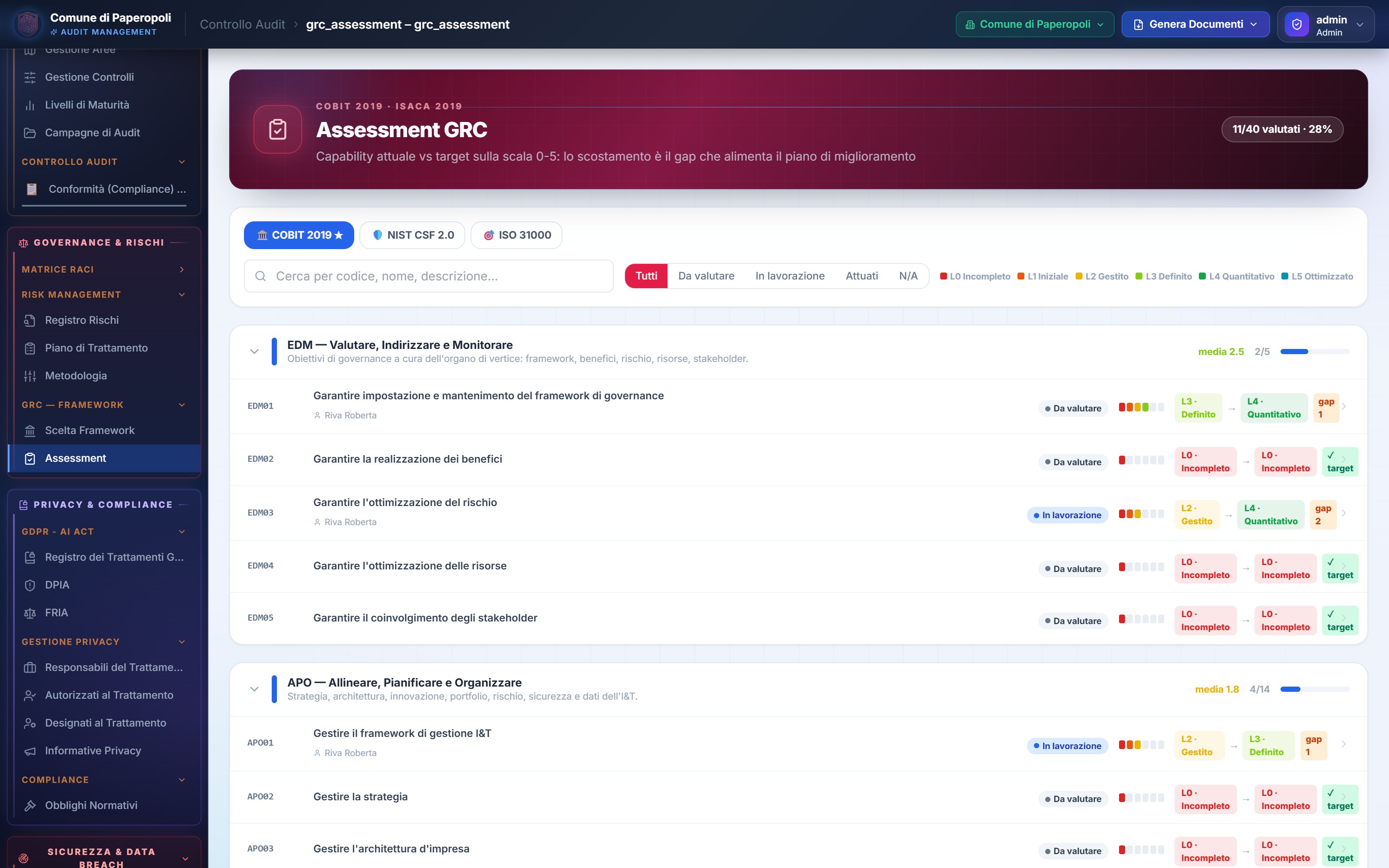 Assessment GRC — schermata della demo