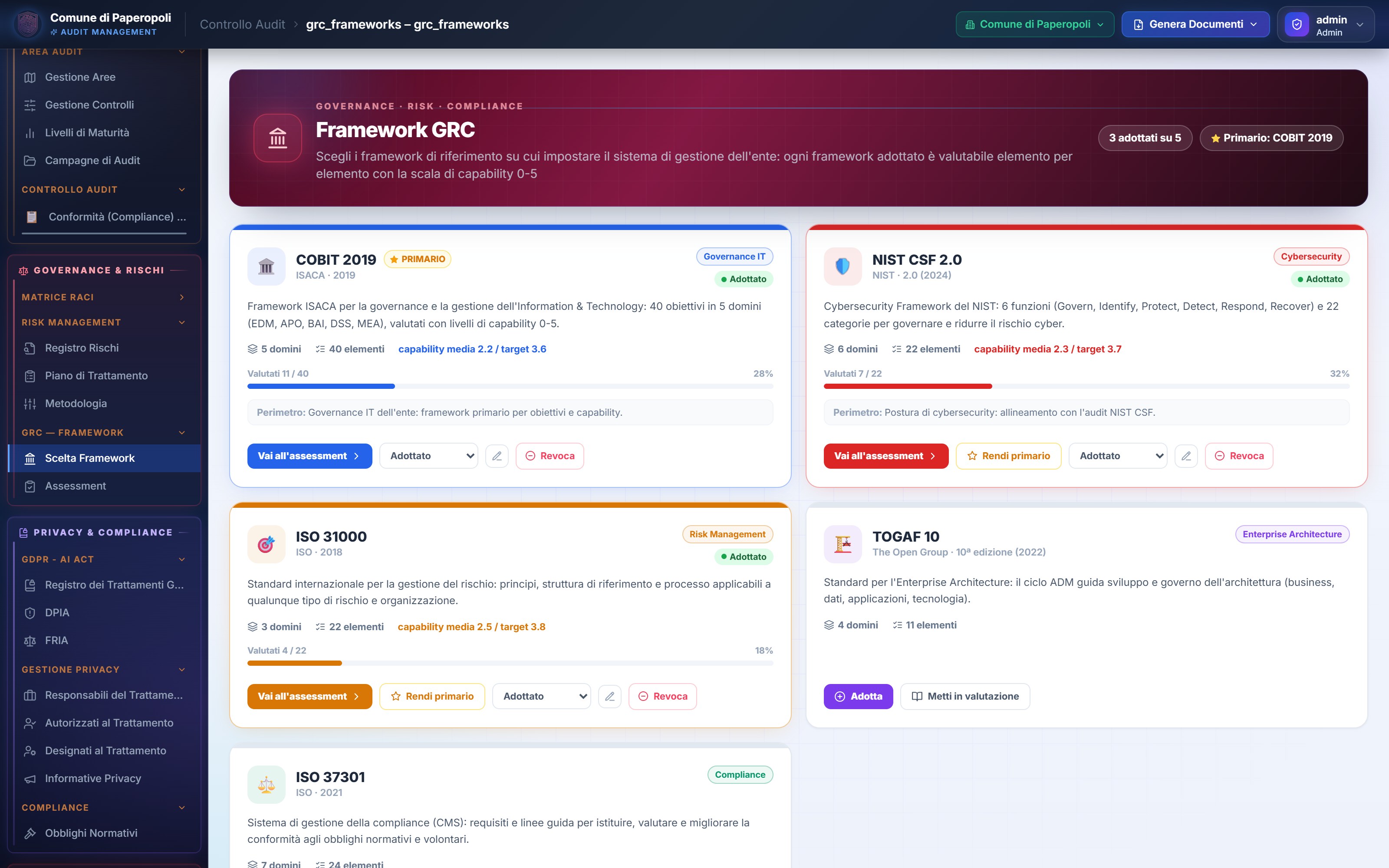Scelta Framework GRC — schermata della demo