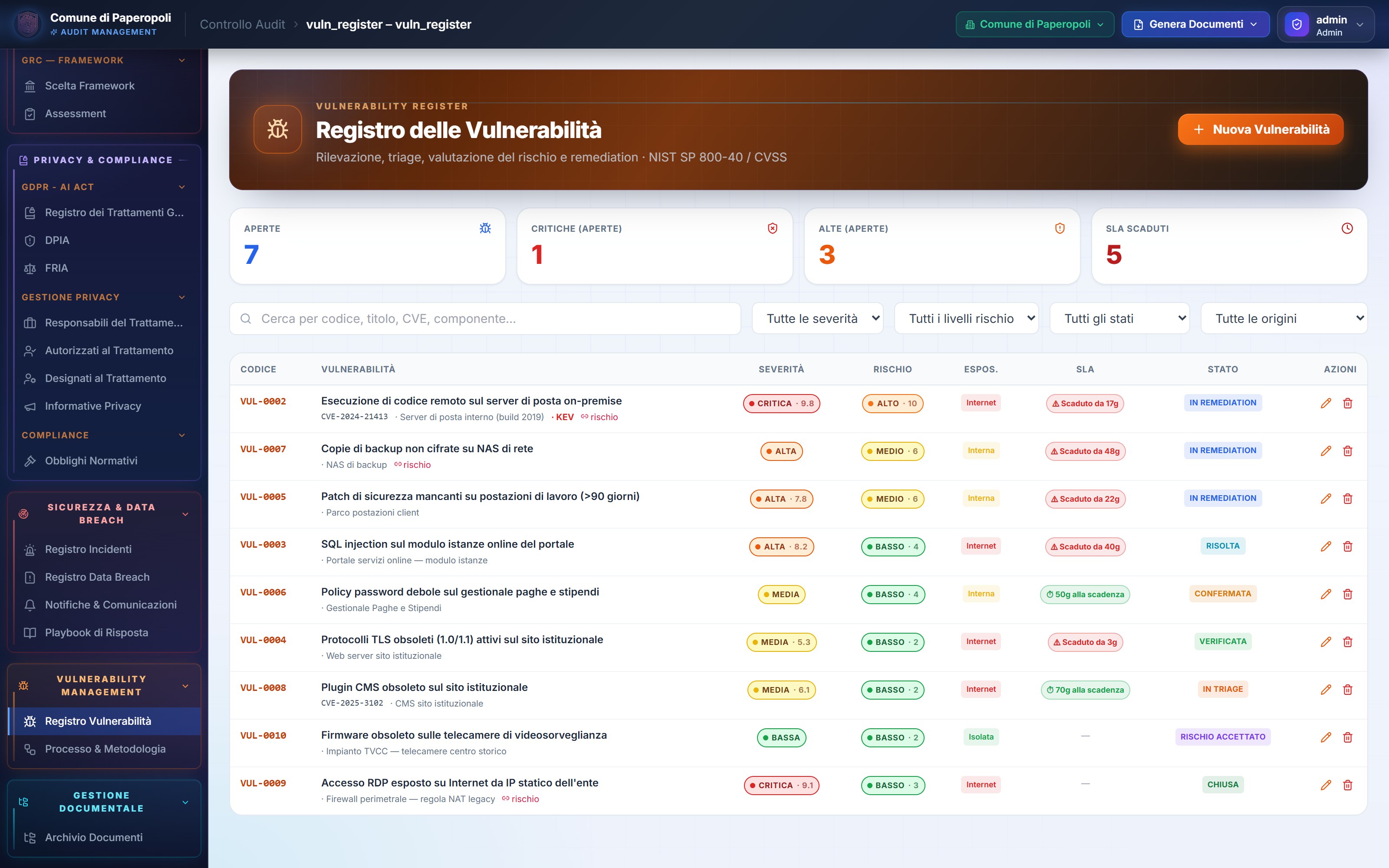 Registro Vulnerabilità — schermata della demo